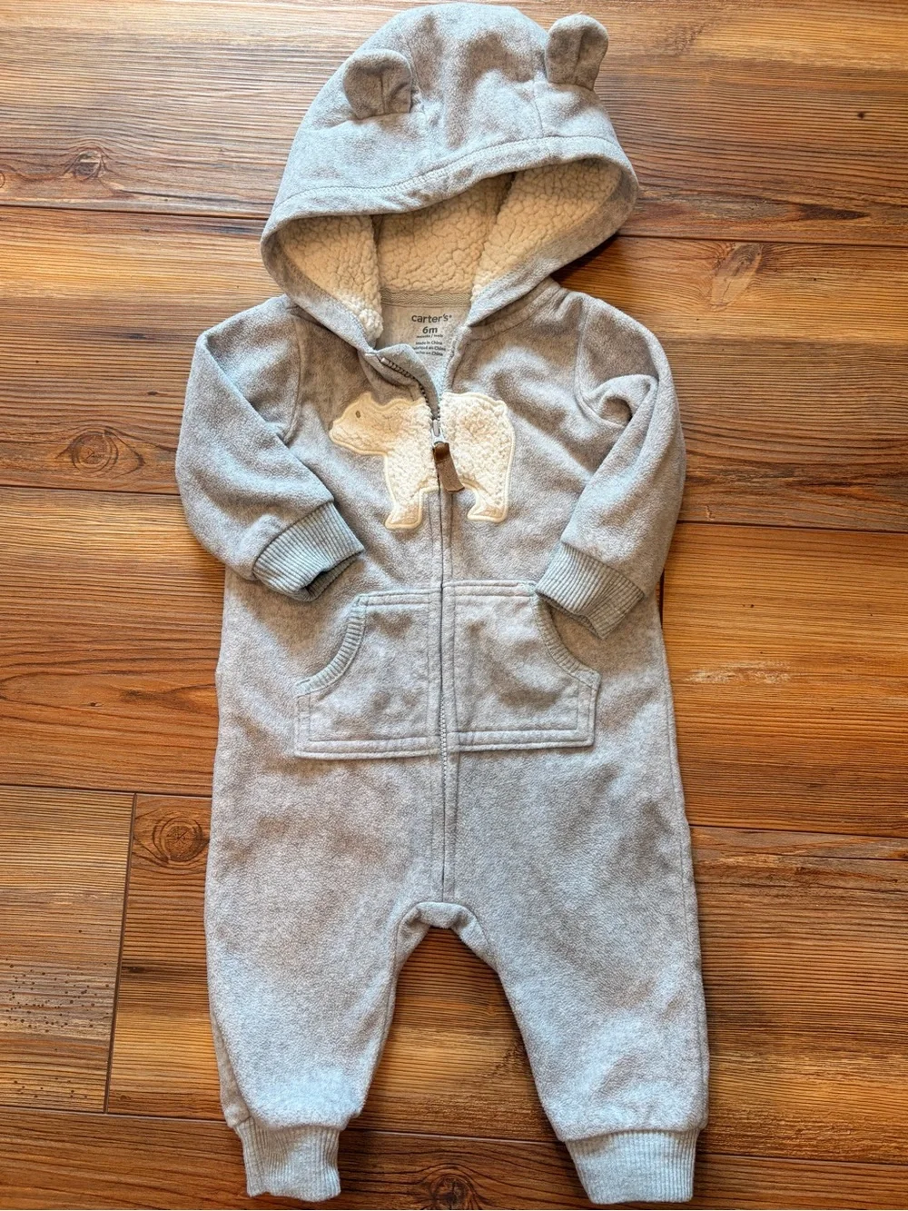3 Carters 6 Months Cozy Baby Hooded Fleece Rompers - Gray/Tan Bears & Moose